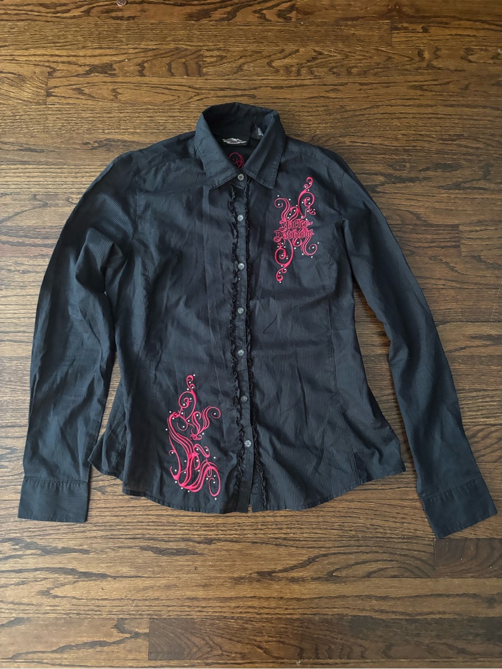 Harley Davidson Cotton Y2K Pink Embroidered Goth Grunge Button Down Shirt M